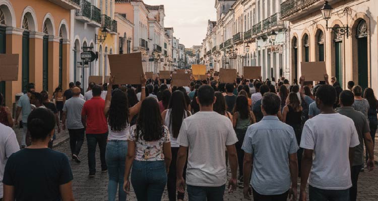 Imagem de pessoas em passeata por rua