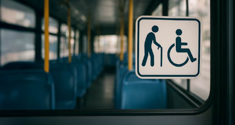 Fotografia de placa com ícones de pessoa auxiliando pessoa cadeirante e tendo como fundo um ônibus