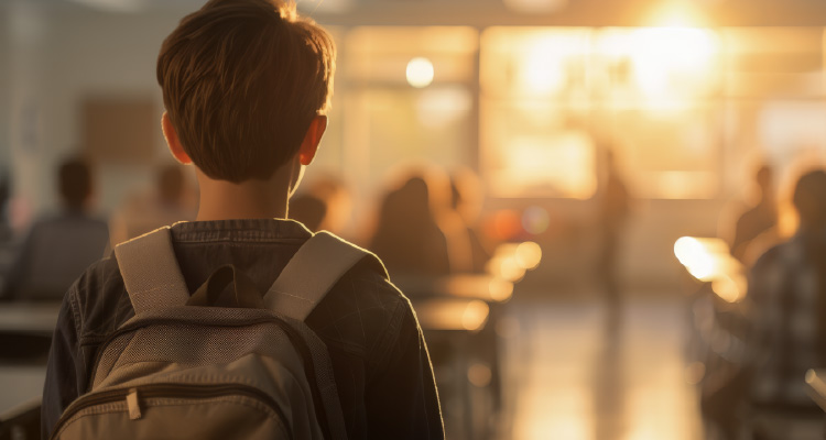 Imagem de garoto com mochila nas costas entrando em sala de aula