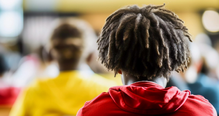 Imagem de estudante sentado em sala de aula de costas
