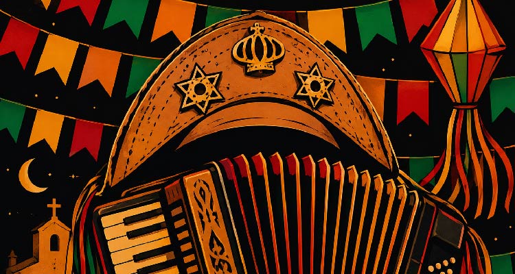 Ilustração que mostra a sanfona e o chapéu de Luiz Gonzaga, tendo decoração de São João por trás