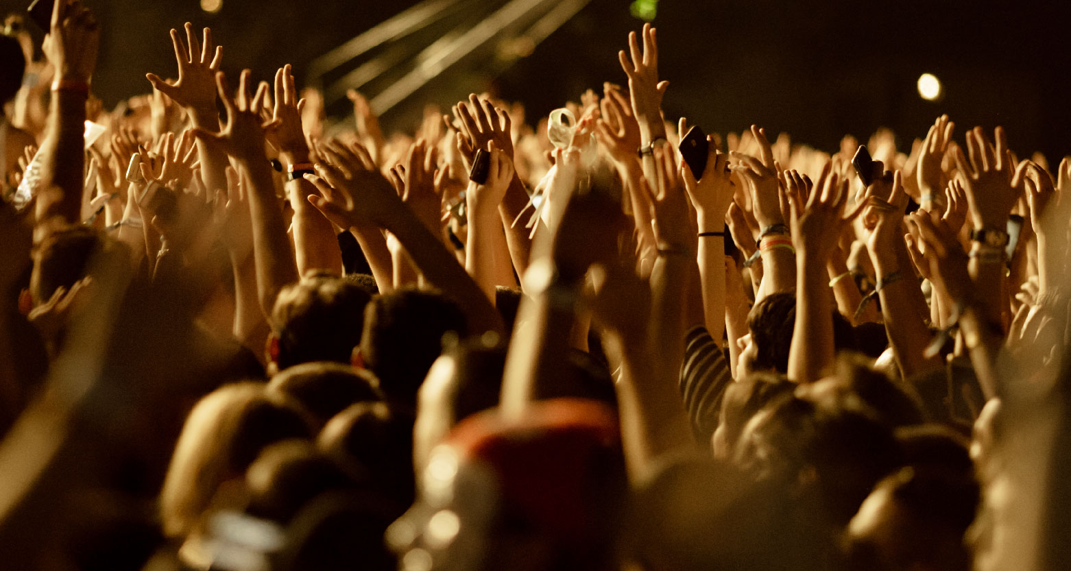 Fotografia de pessoas em plateia com as mãos erguidas curtindo show