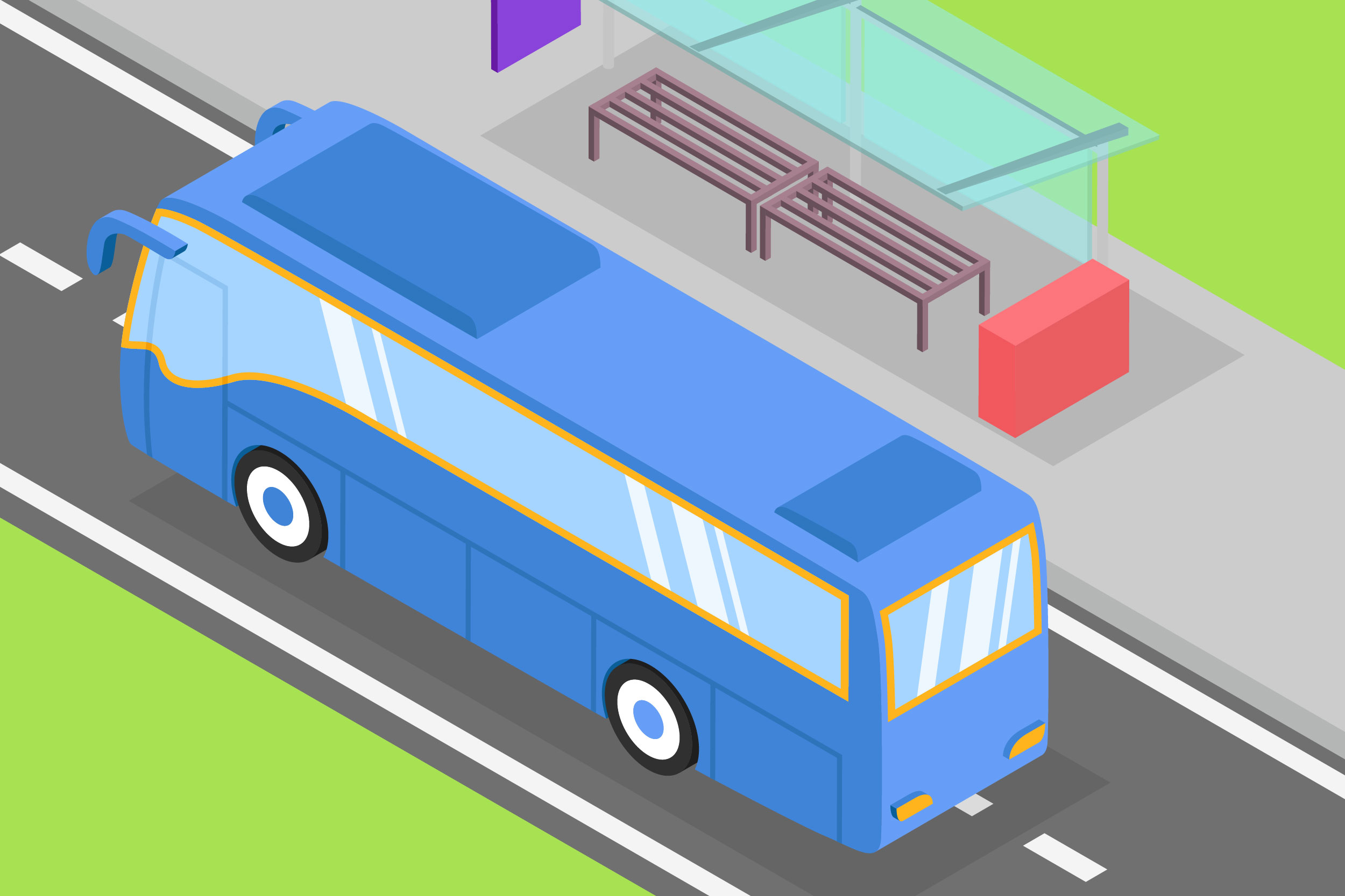 Ilustração de ônibus azul transcorrendo em rua asfaltada 