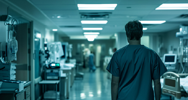 Imagem de homem caminhando em corredor com equipamentos hospitalares