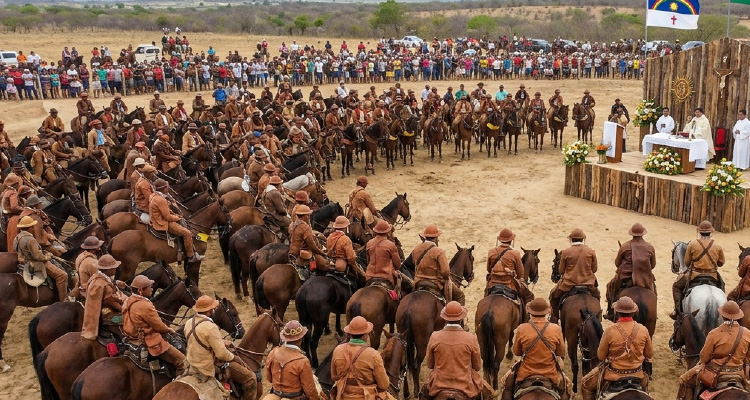 Imagem de vaqueiros montados em cavalos ao redor do altar