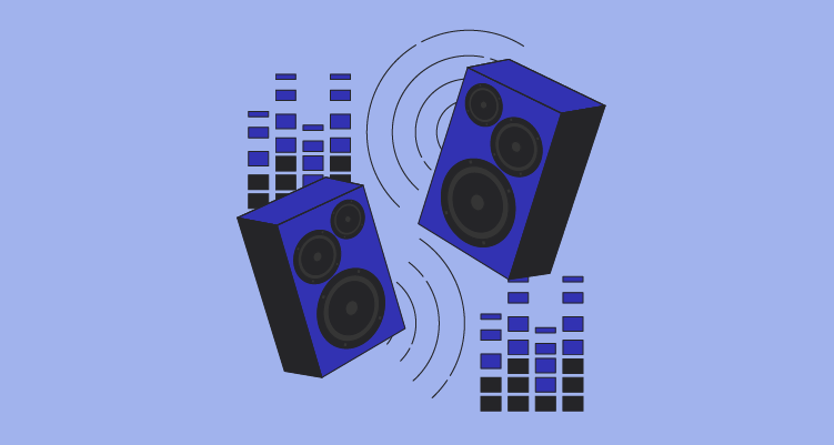 Ilustração mostra duas caixas de som azuis emitindo barulho