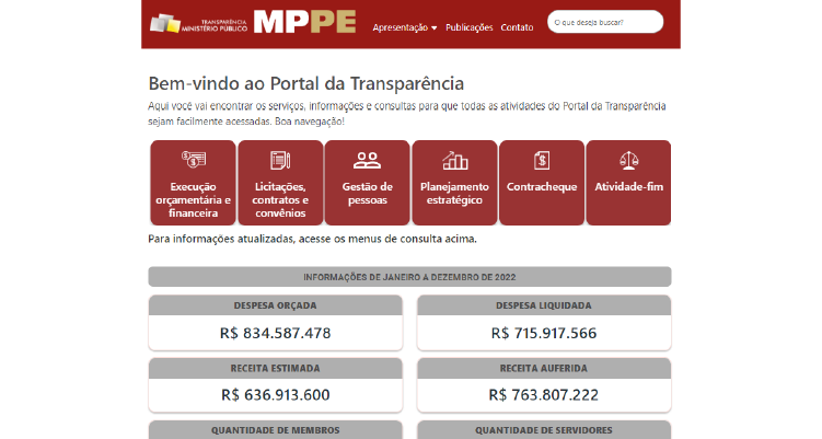 Fotografia da página da web do Portal da Transparência do MPPE