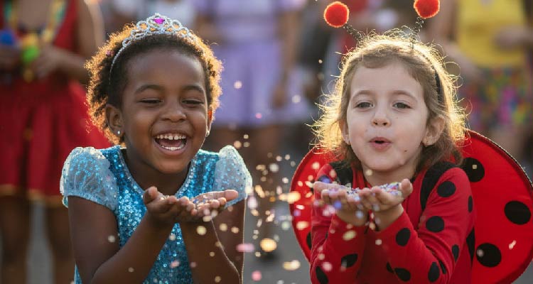 Imagem de crianças fantasiadas jogando confetes no ar