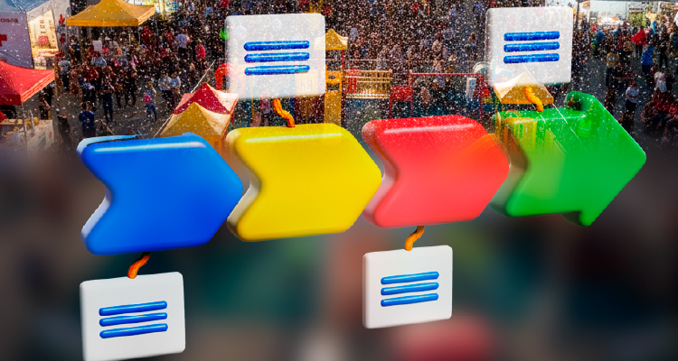 Imagem de sinalização junto à multidão de pessoas