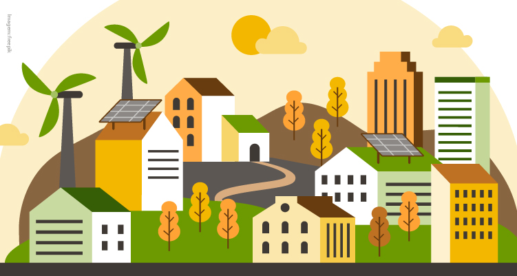 Ilustração de cidade pequena com árvores e casas coloridas 