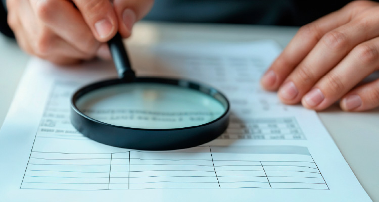 Imagem de mão com lupa investigando documentos