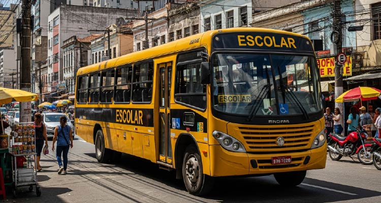 Imagem de ônibus escolar em rua urbana criada por IA