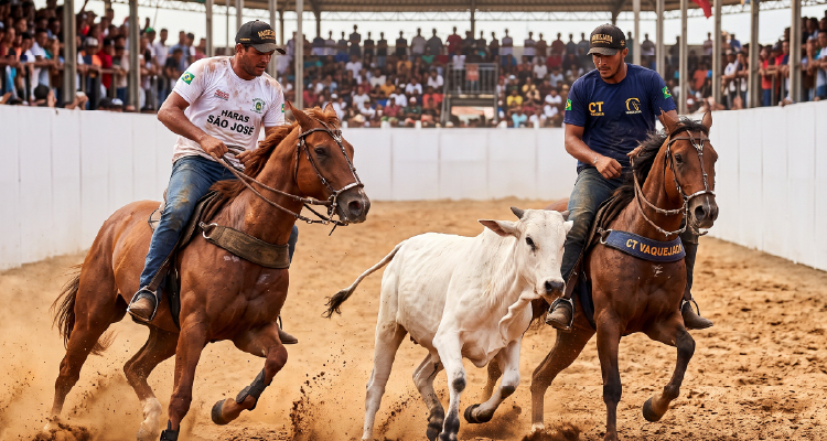 Imagem de vaqueiros montados em cavalos perseguindo boi em arena