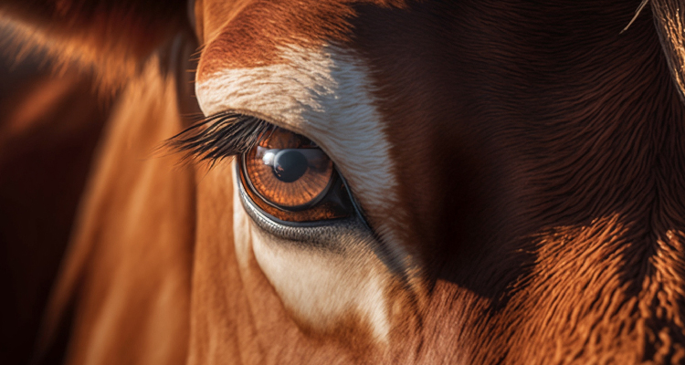 Imagem parcial de uma vaca marrom, com foco no olho direito