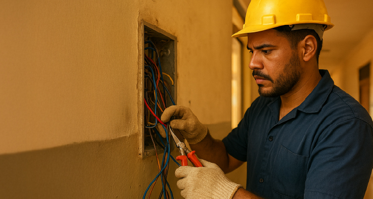 Imagem mostra um homem de capacete amarelo, camisa azul e luvas com um alicate na mão fazendo um serviço em fiação elétrica.